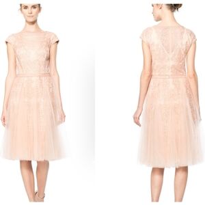 Tadashi Shoji Embroidered Tulle Cap Sleeve Full Skirt Dress Size 2 Peach Wedding